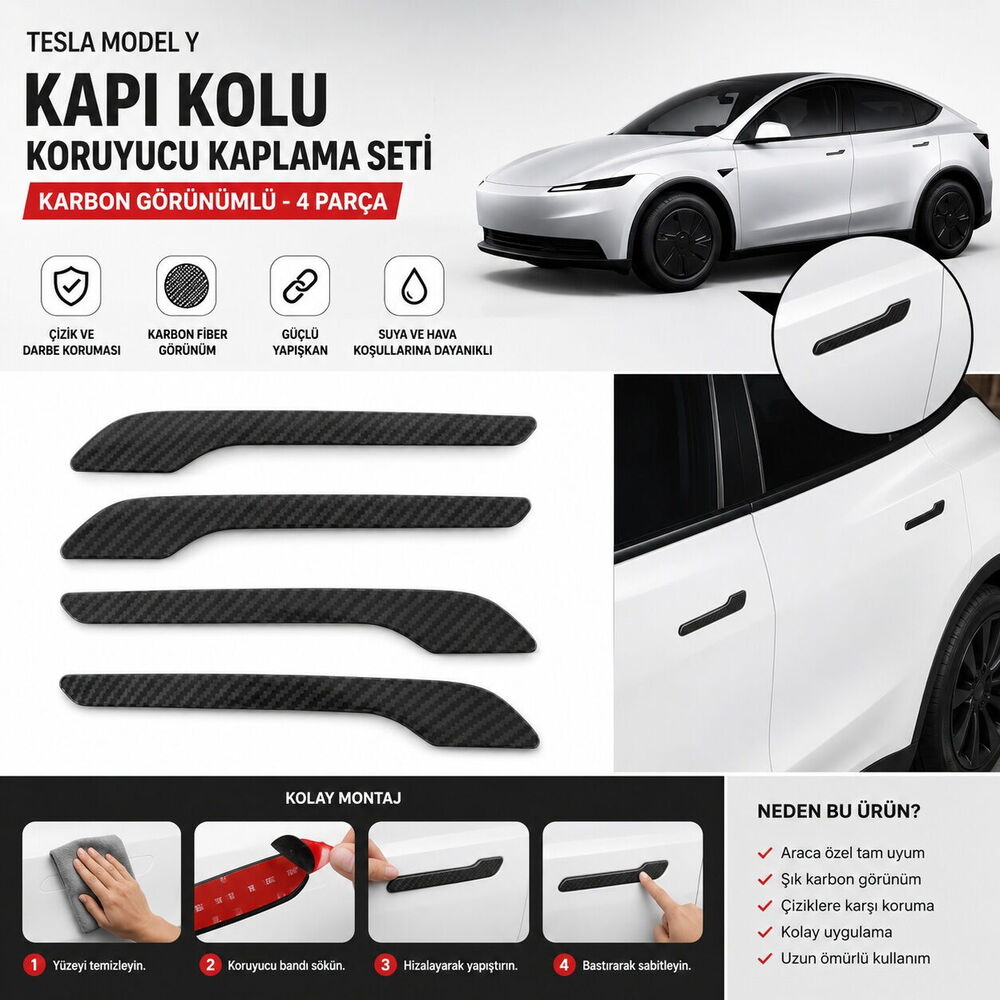 Tesla Model Y Kapı Kolu Karbon Görünümlü Koruyucu Kaplama Seti - 4 Parça
